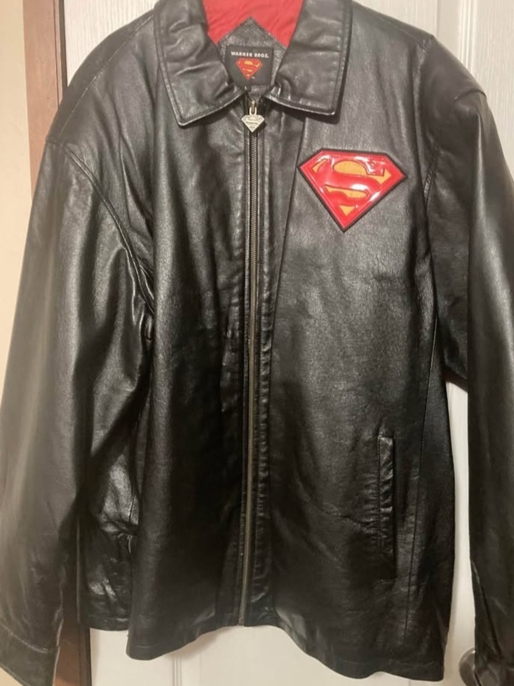Warner Bros. Black Leather Jacket with Red Superman Crest